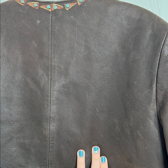 Patricia Wolf brown leather horses jacket turquoise stone details women’s large - Picture 10 of 12